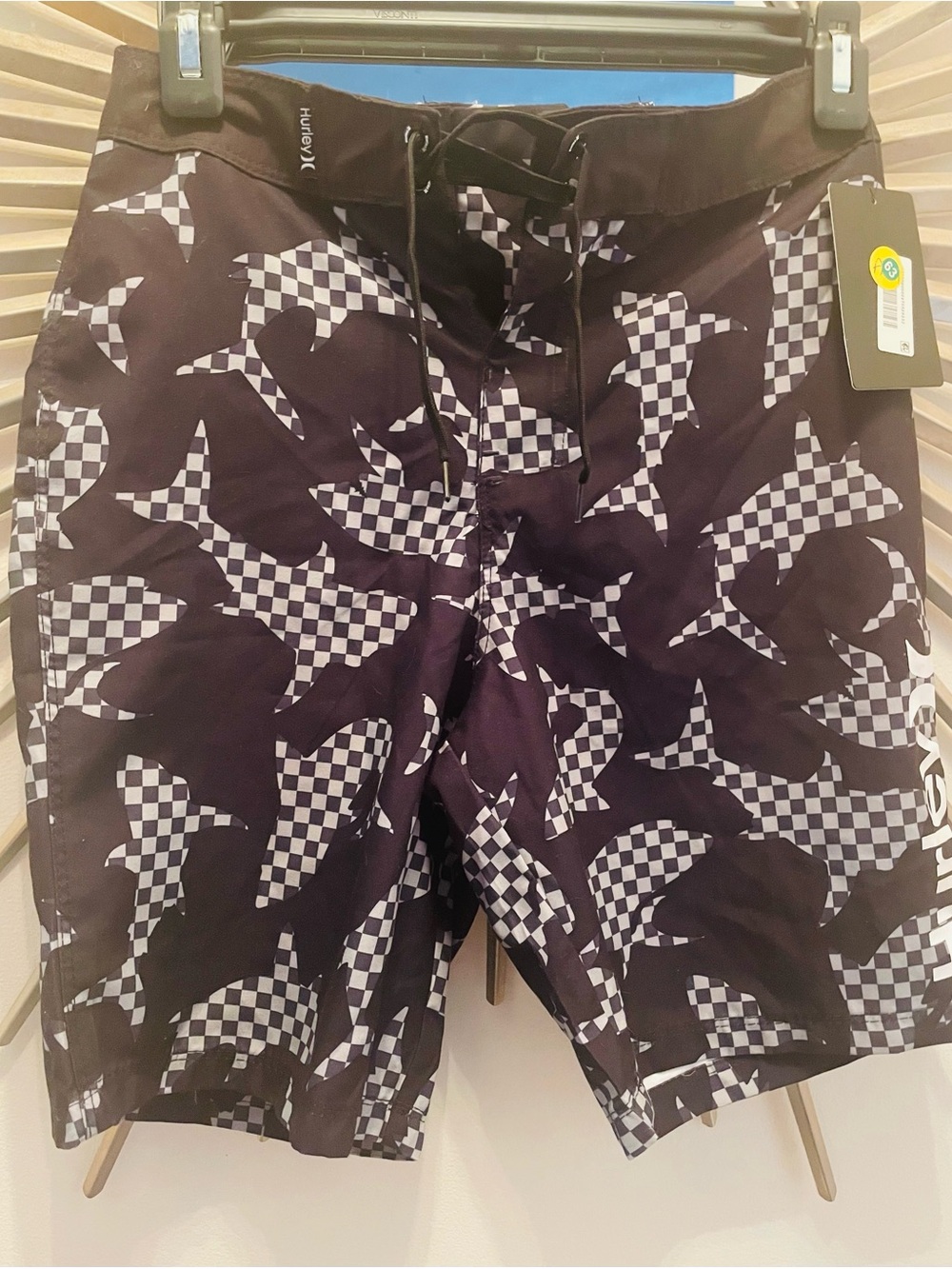 Hurley Boardshorts Swim Trunks Black and Gray Checkerboard Shark Print